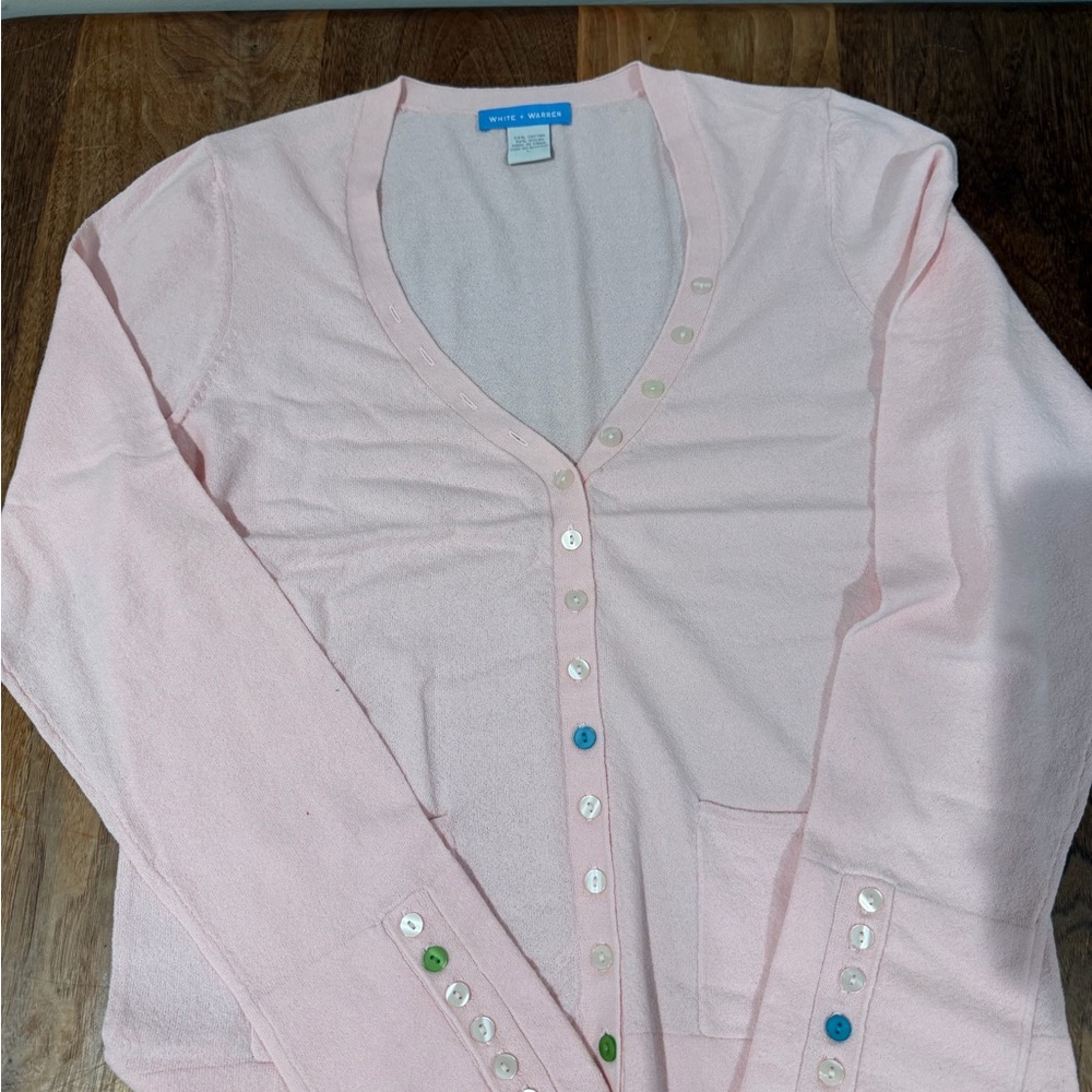 White + Warren Light Pink Cardigan with Button Details